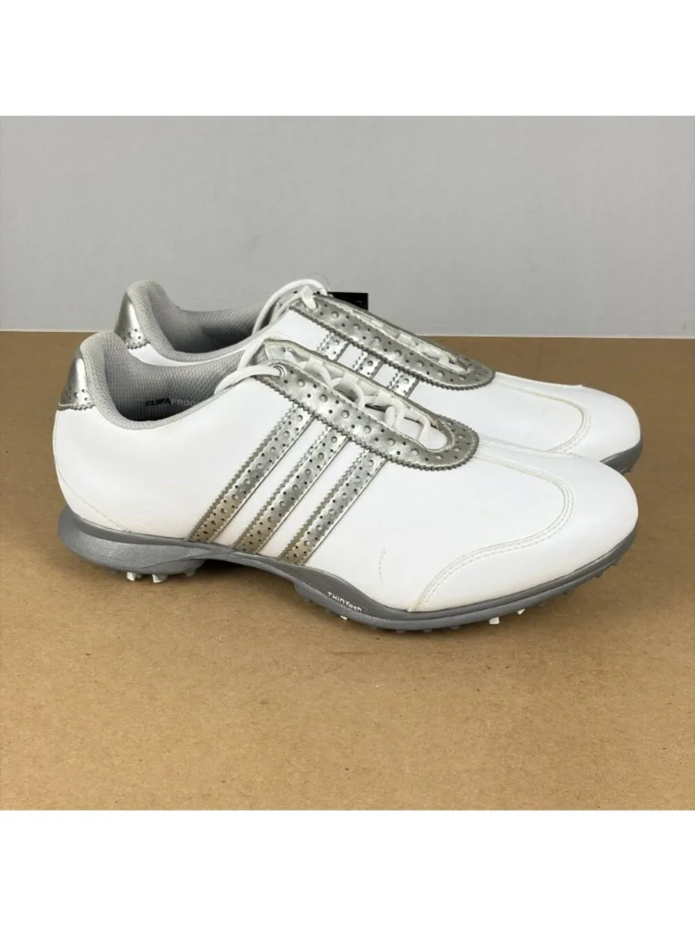Adidas Driver Val S Golf Shoes Womens 8 Faux Leather White Silver Lace Up Spiked